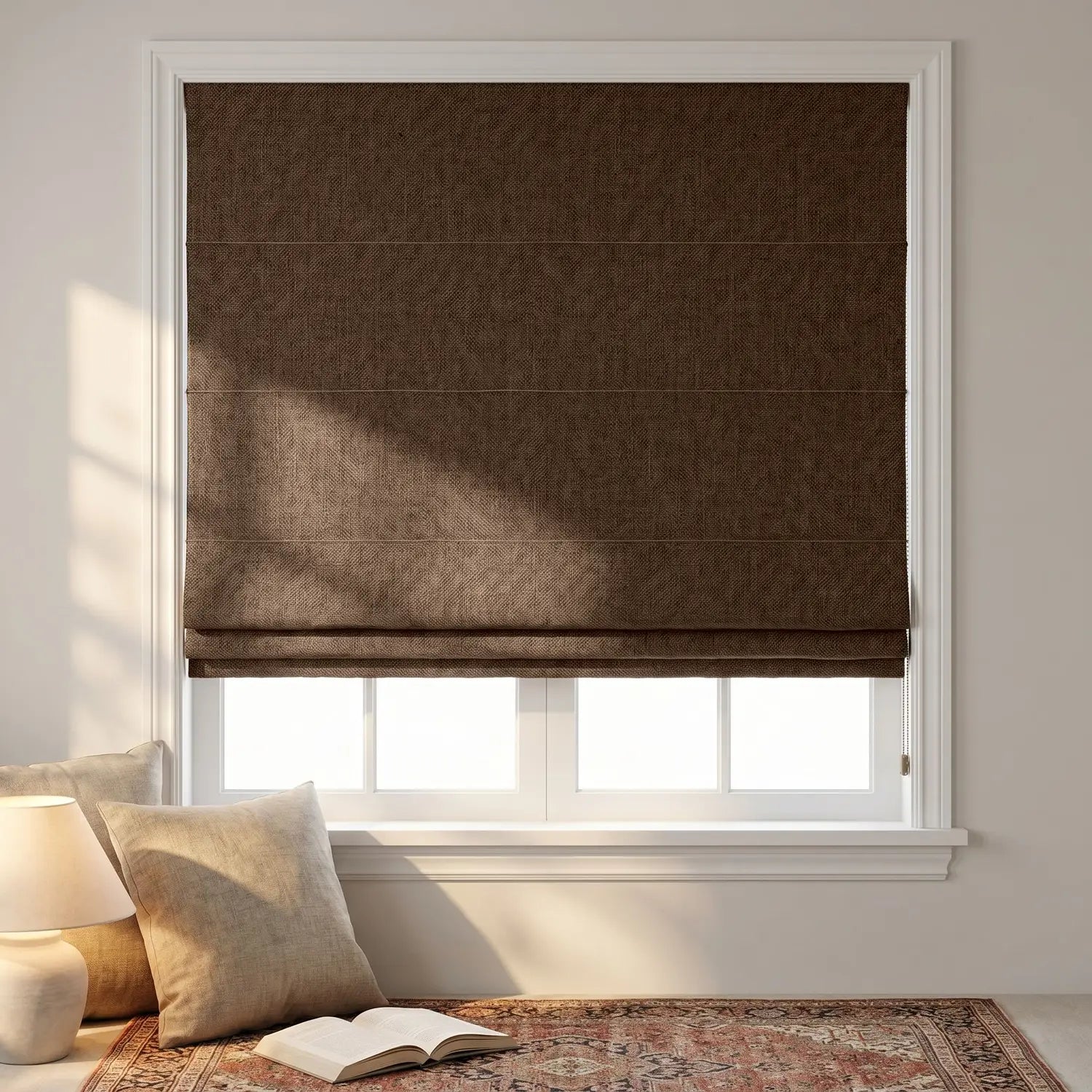 Custom Roman Shade - Latte Brown in room