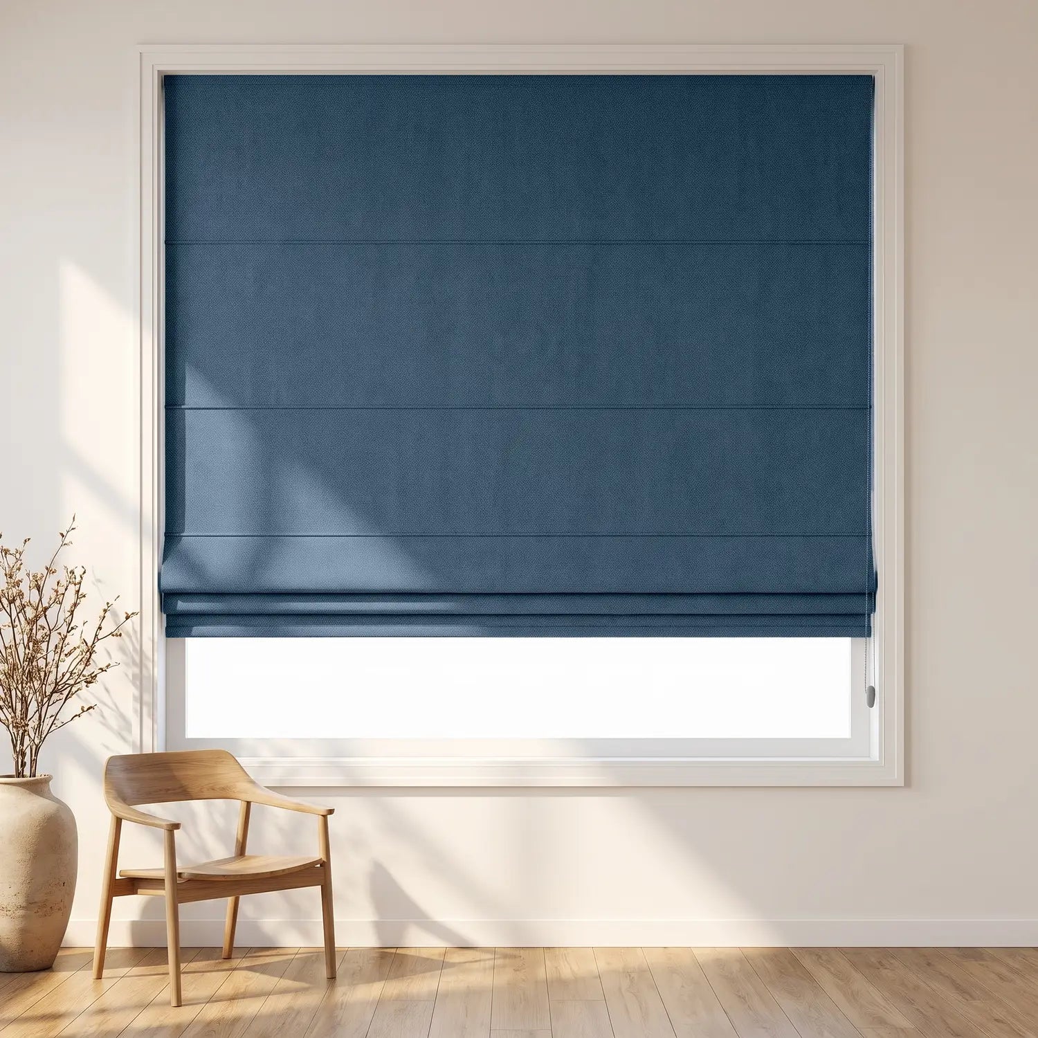 Custom Roman Shade - Cornflower Blue in room