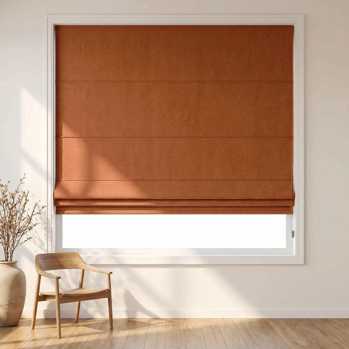 Custom Roman Shade - Mocha Brown in room