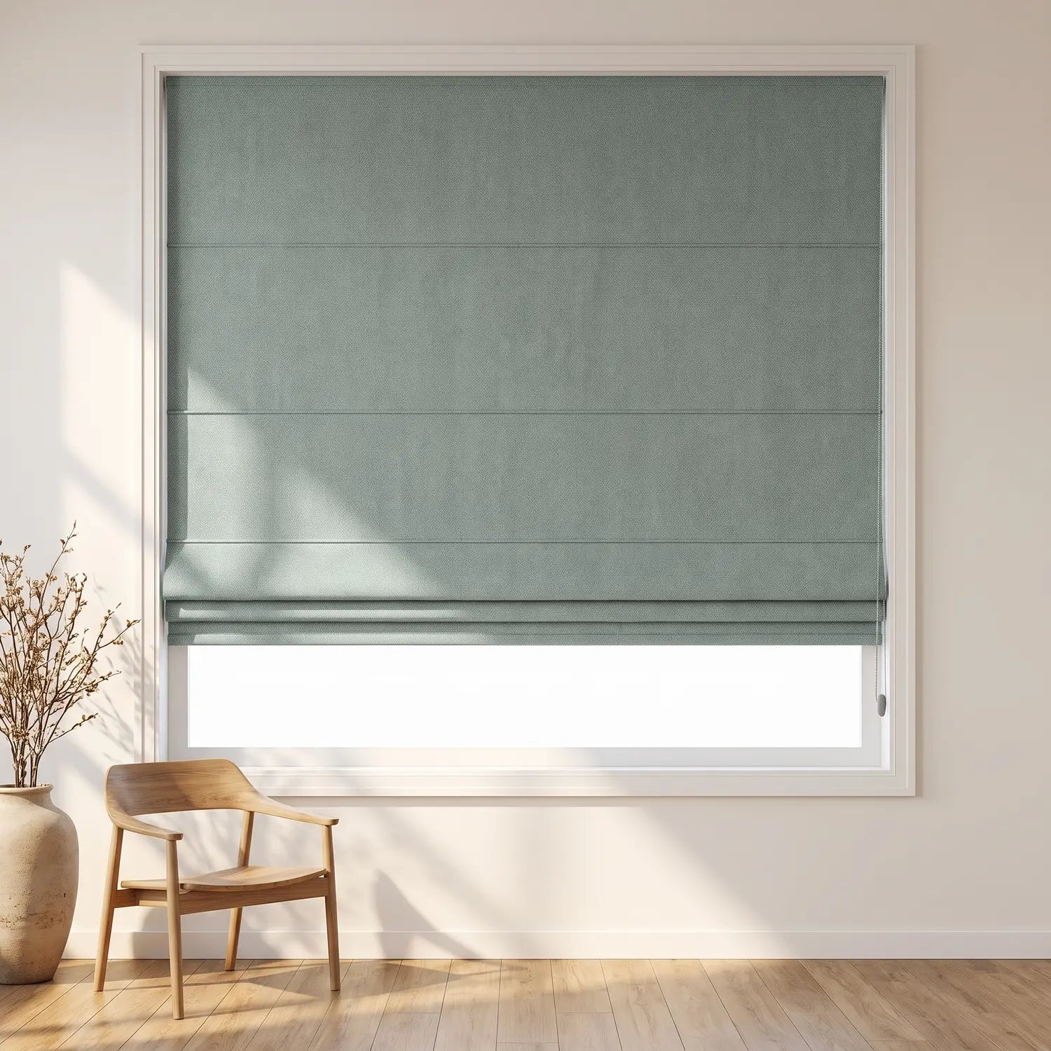 Custom Roman Shade - Silver Grey in room