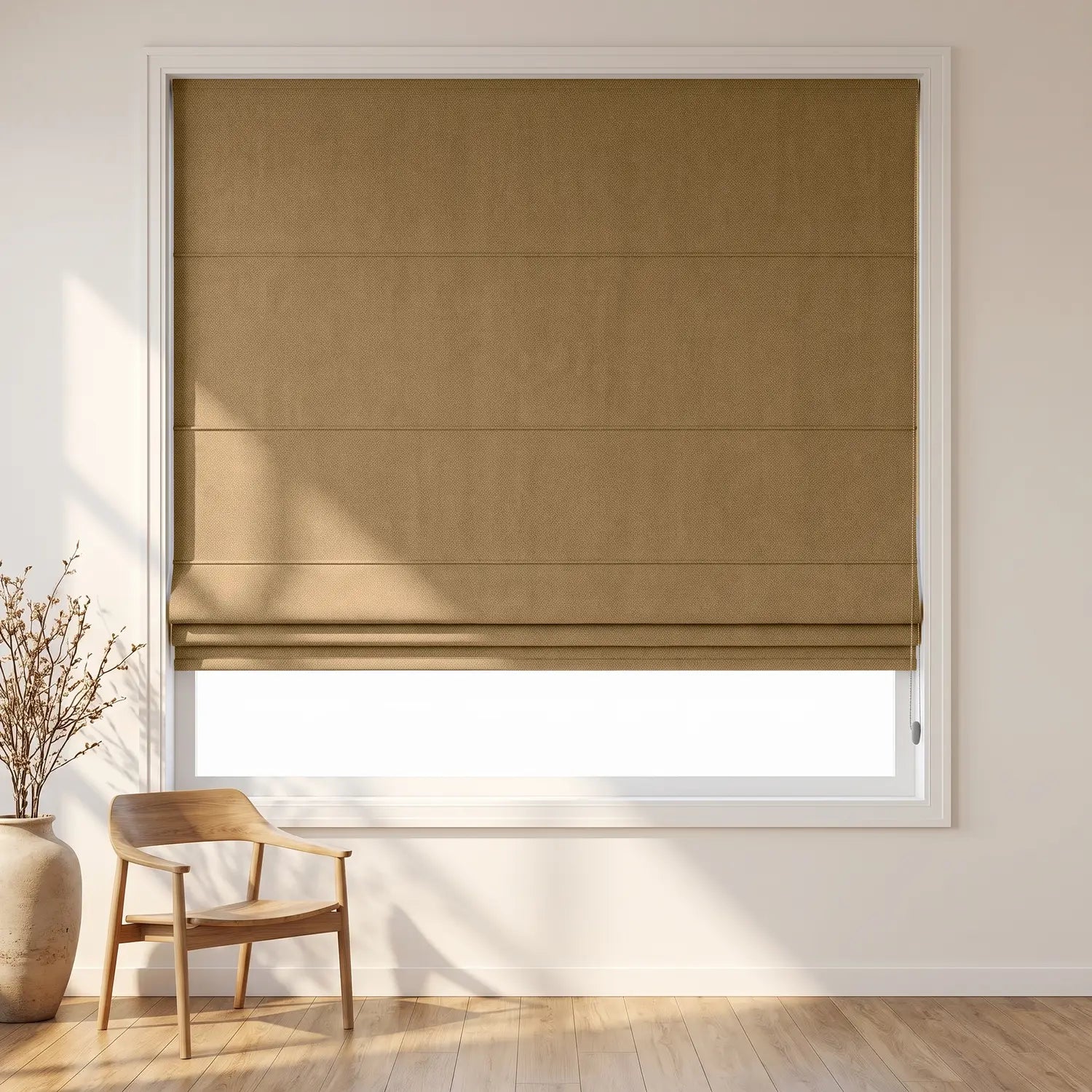 Custom Roman Shade - Caramel Brown in room
