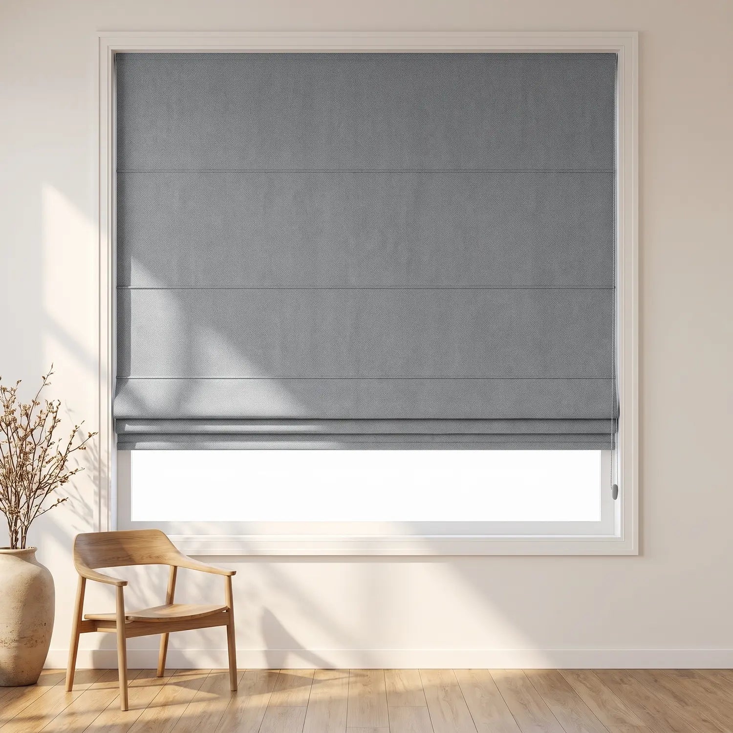 Custom Roman Shade - Mist Grey in room
