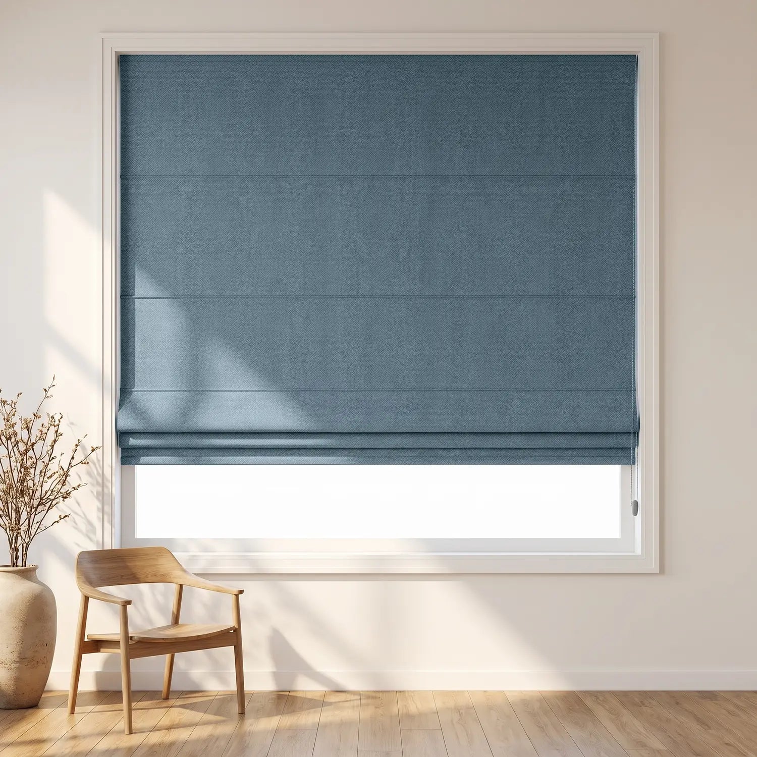 Custom Roman Shade - Sky Blue in room