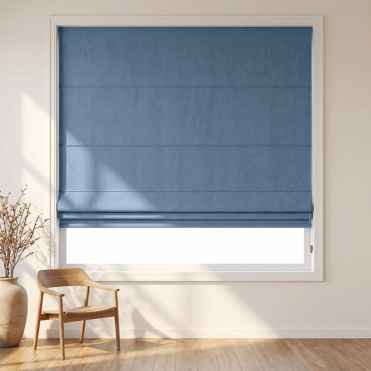 Custom Roman Shade - Powder Blue in room