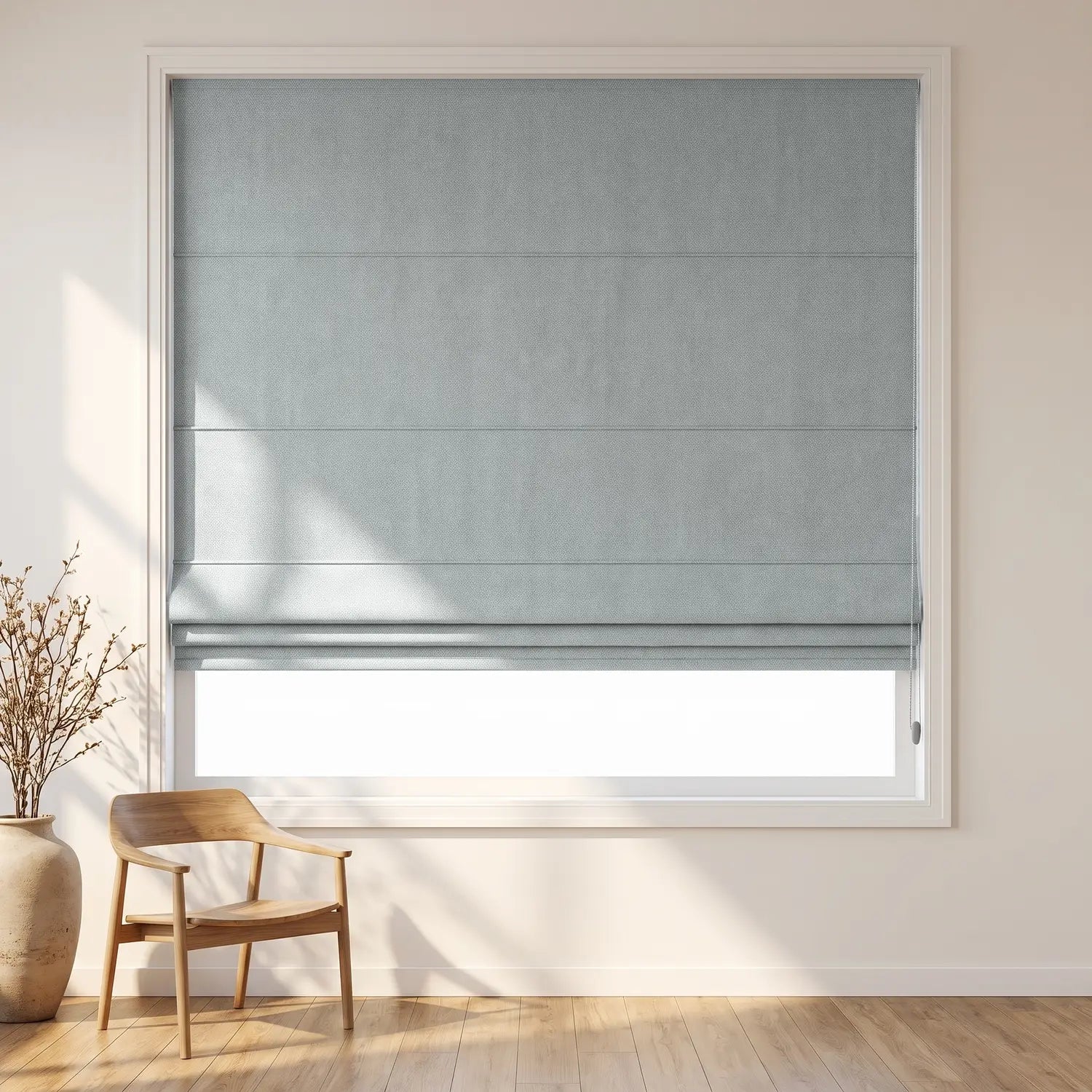 Custom Roman Shade - Pearl Grey in room