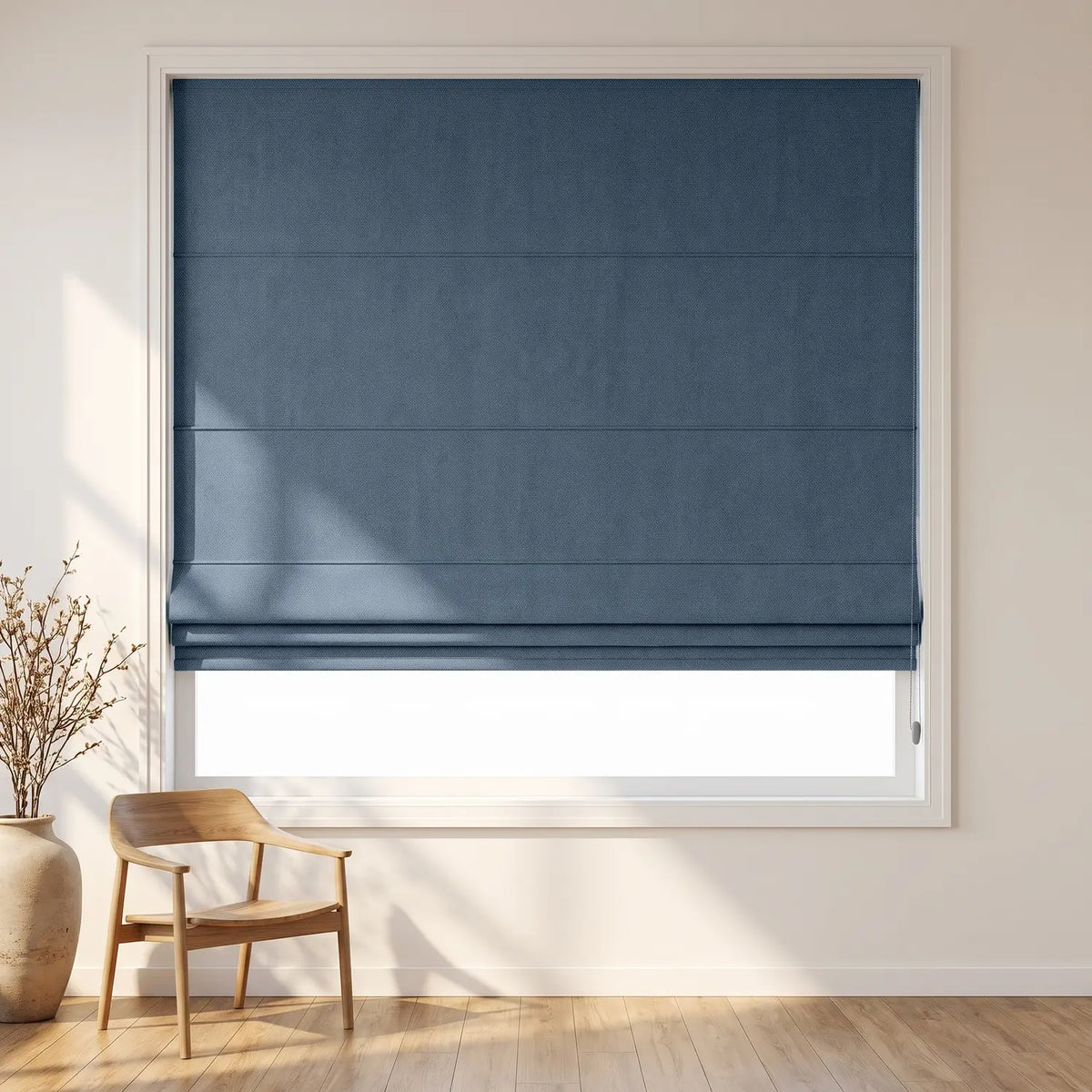 Custom Roman Shade - Dusty Blue in room
