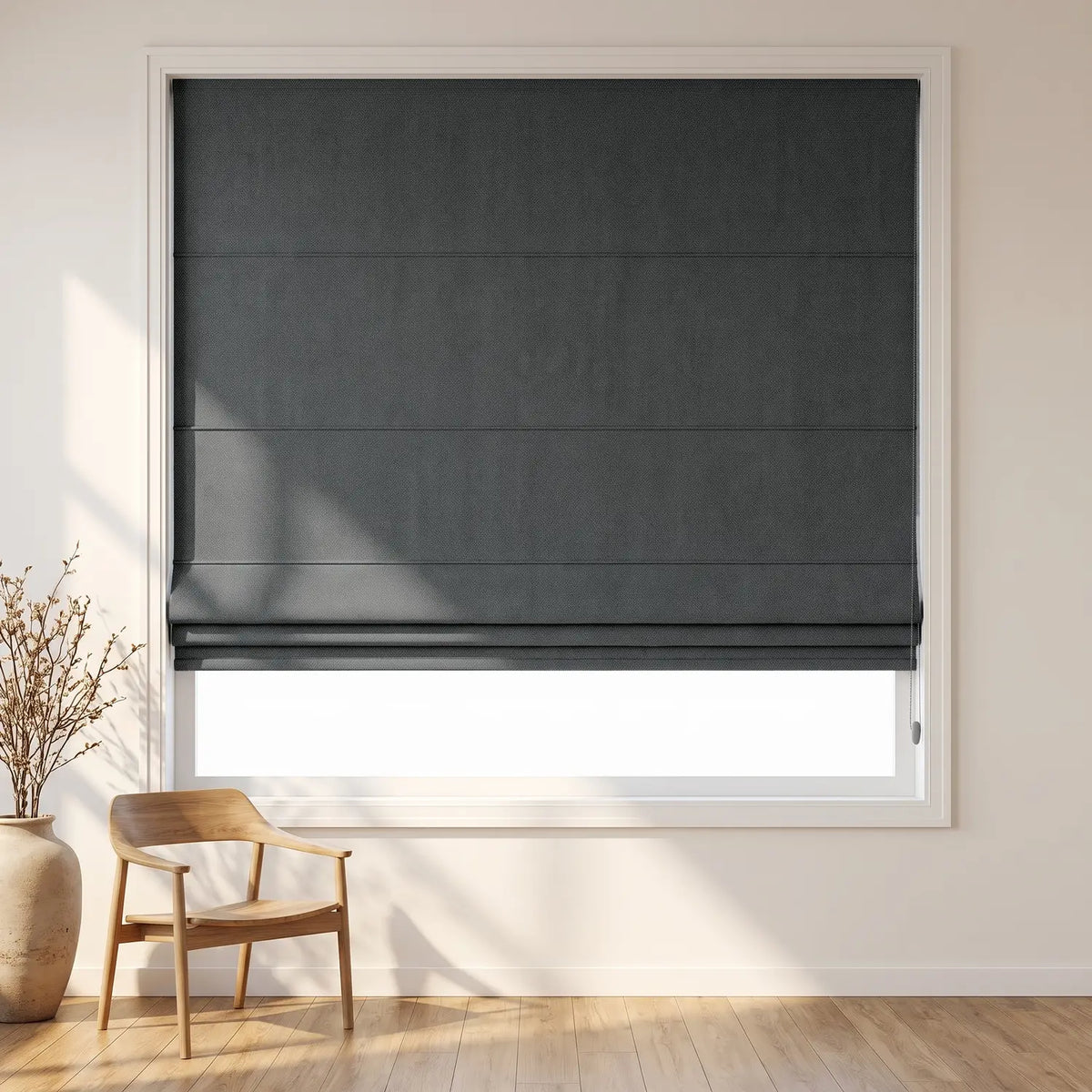 Custom Roman Shade - Slate Grey in room