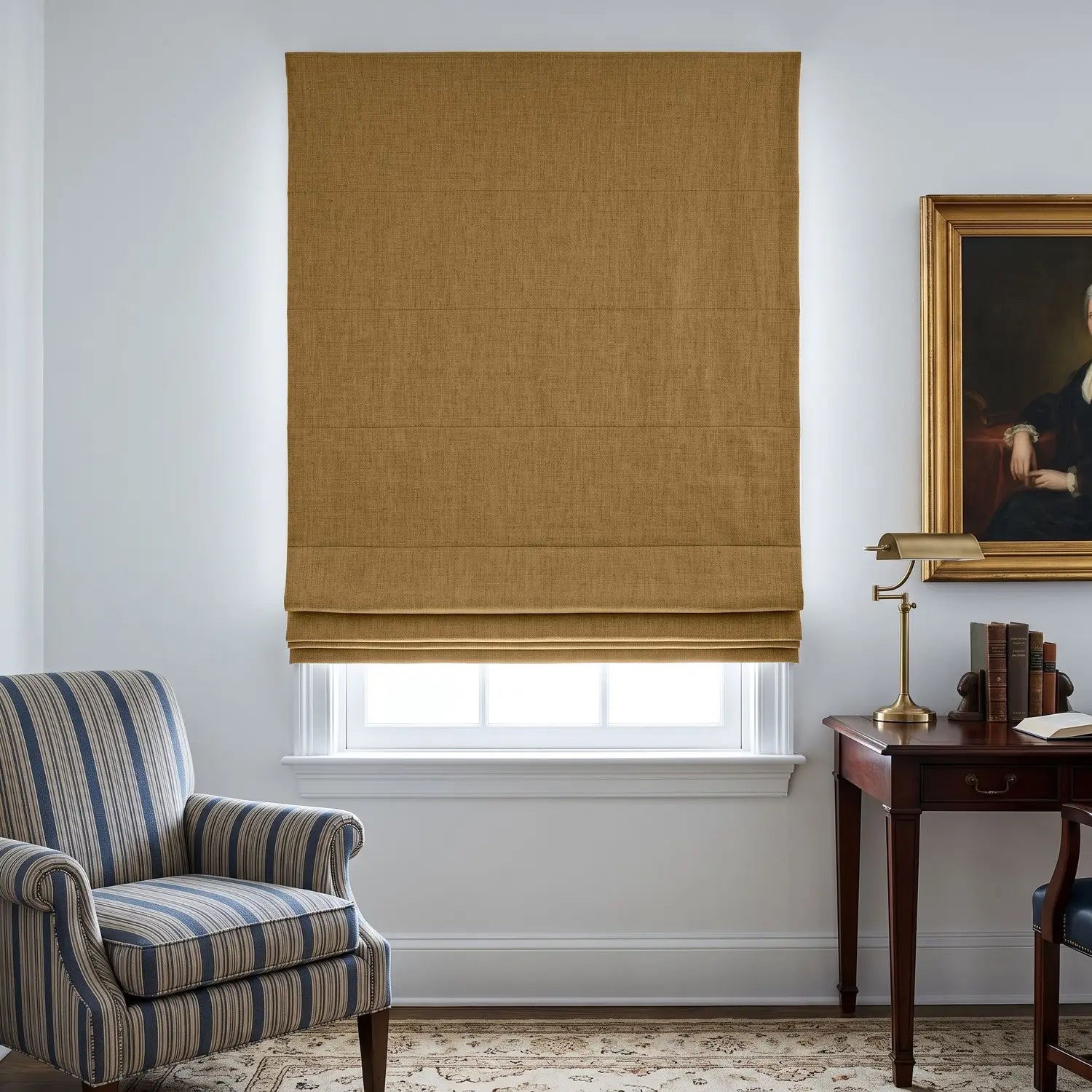 Custom Roman Shade - Caramel Brown in room