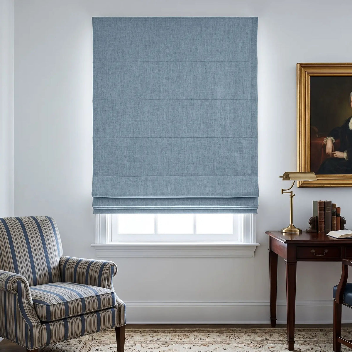 Custom Roman Shade - Powder Blue in room