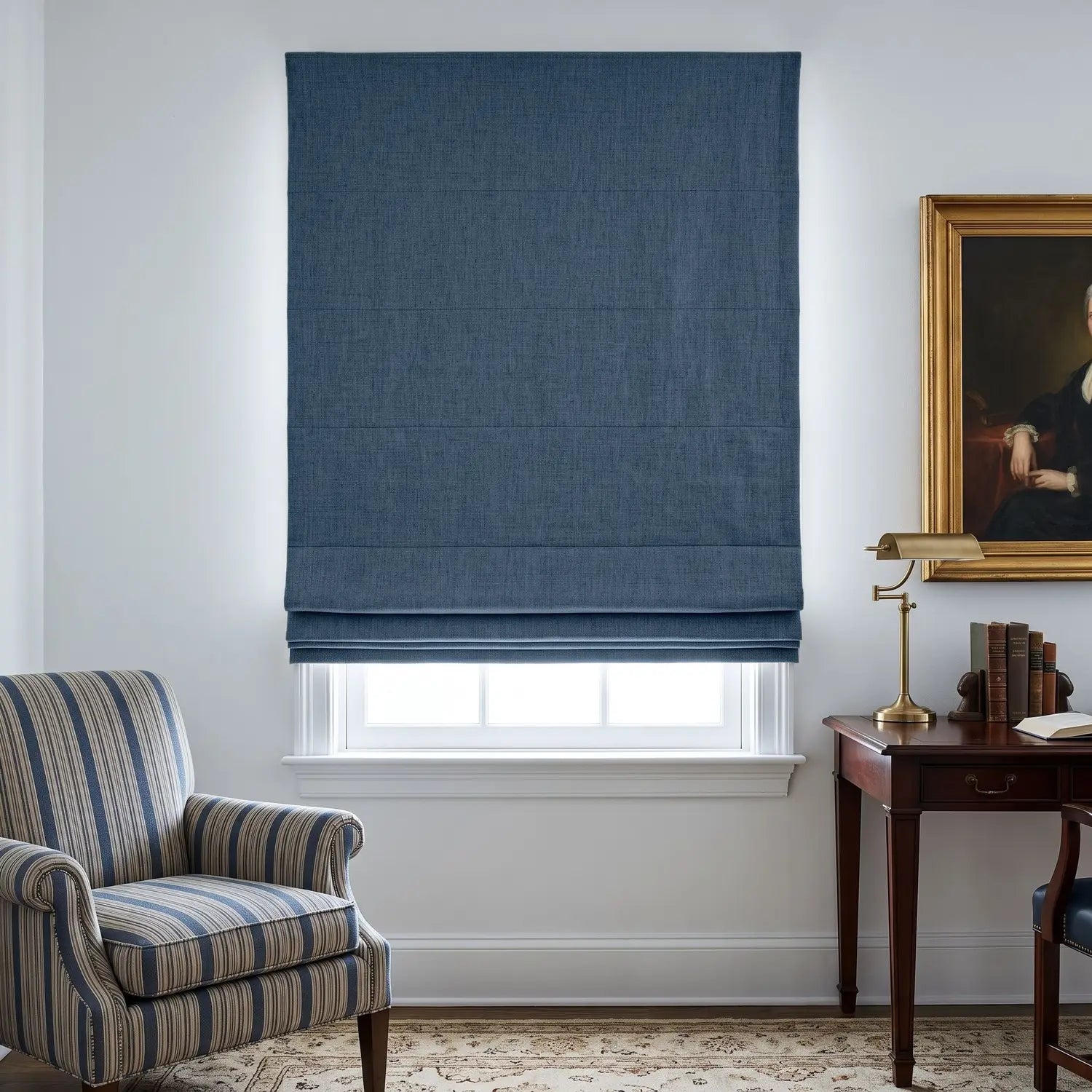 Custom Roman Shade - Dusty Blue in room