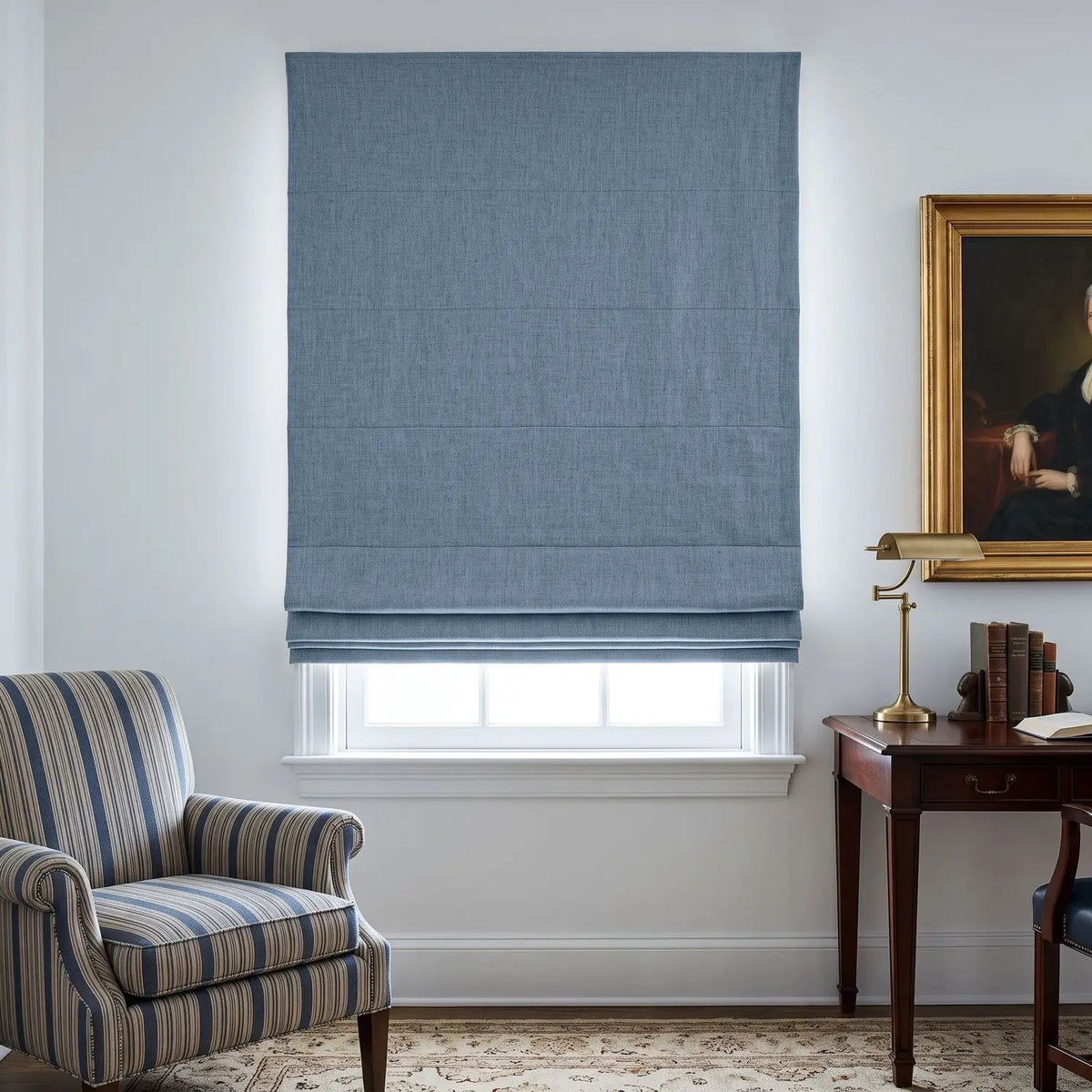 Custom Roman Shade - Sky Blue in room