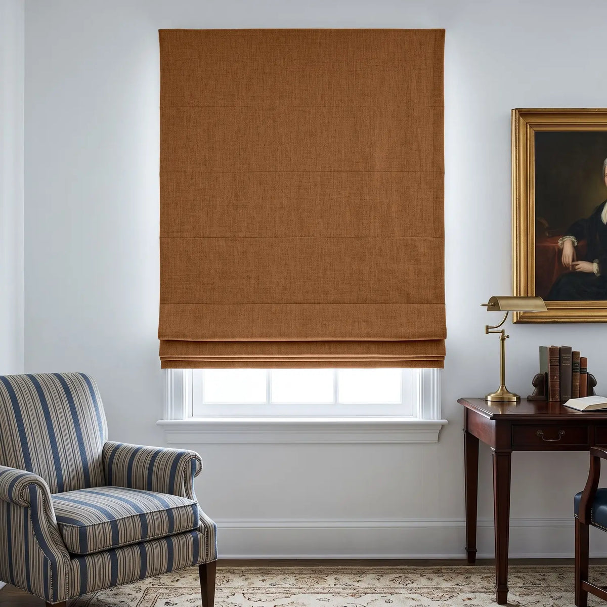 Custom Roman Shade - Mocha Brown in room