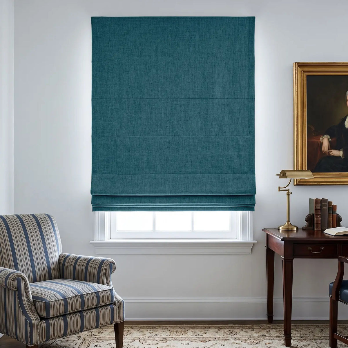 Custom Roman Shade - Aqua Mist in room