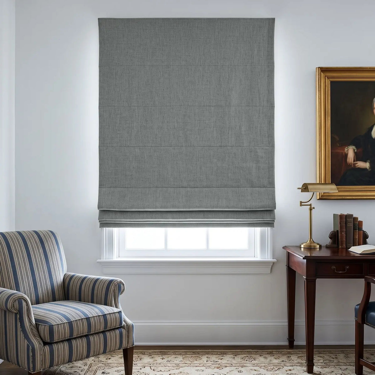 Custom Roman Shade - Silver Grey in room