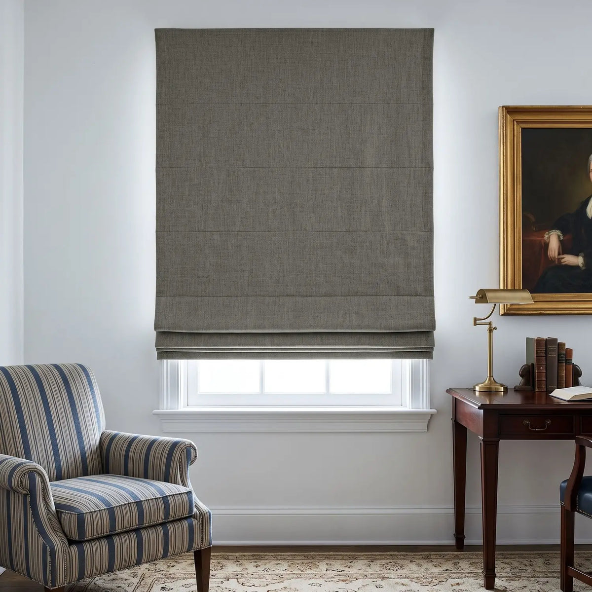 Custom Roman Shade - Clay Taupe in room