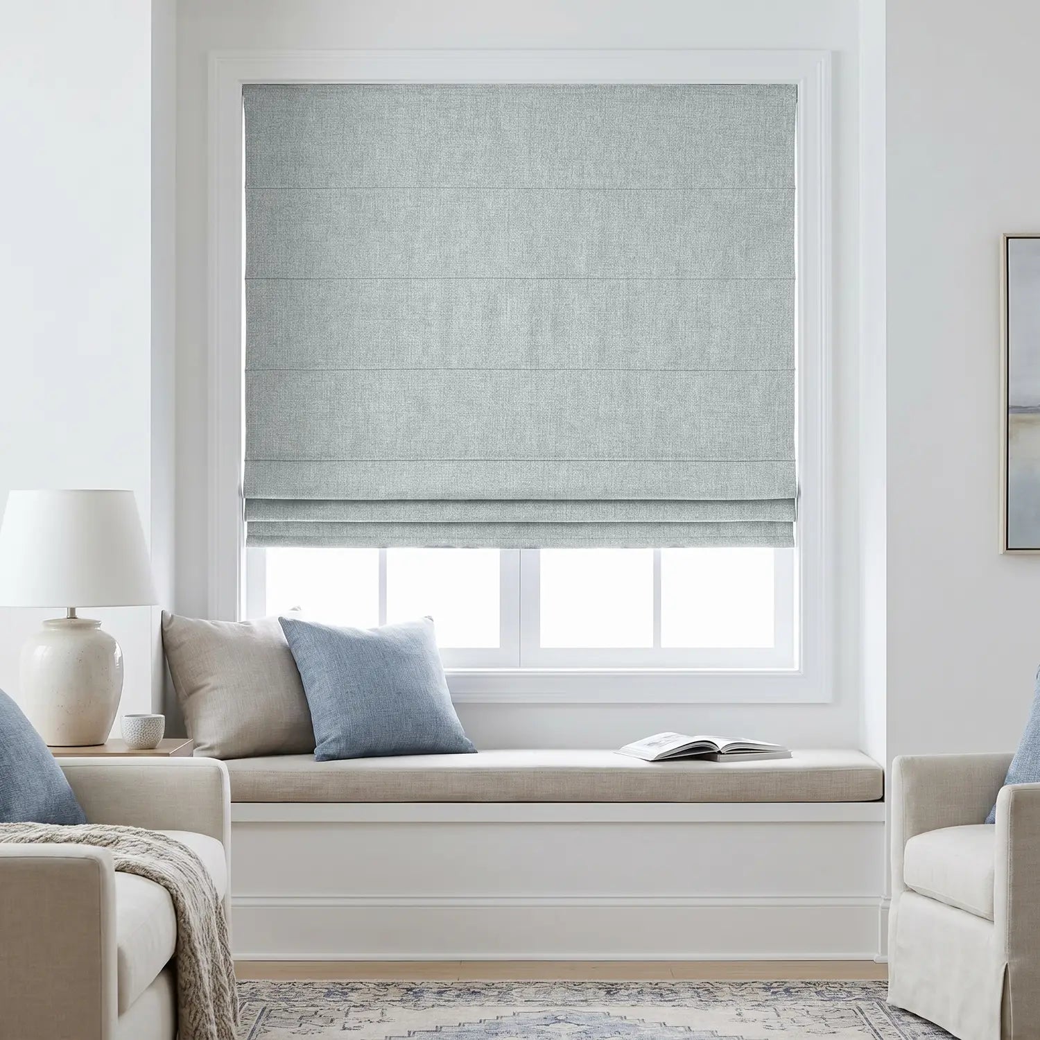 Custom Roman Shade - Oat Beige in room