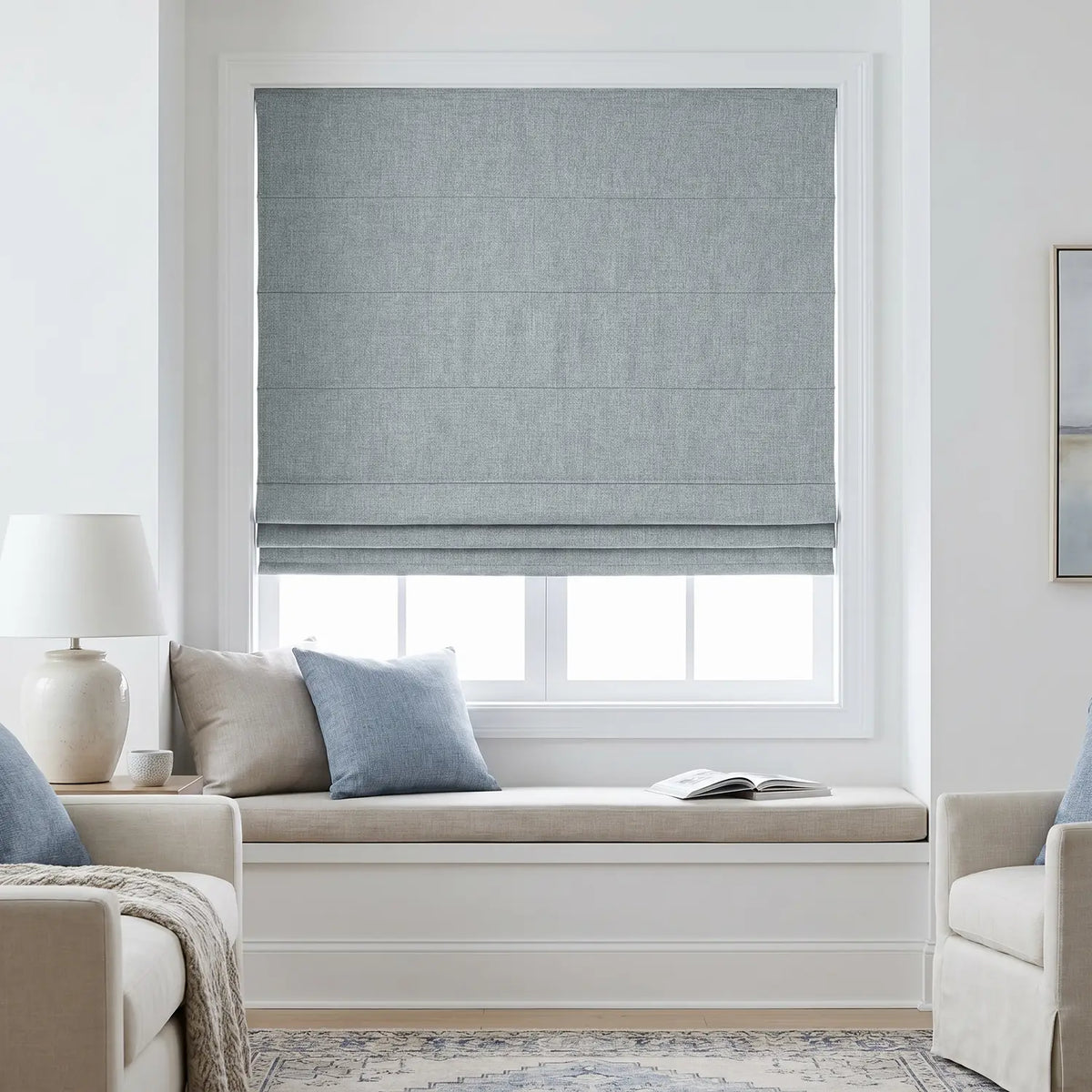 Custom Roman Shade - Mist Grey in room