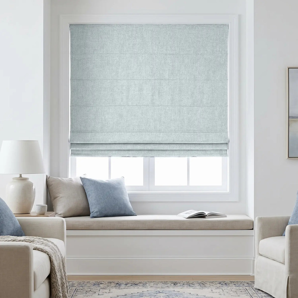Custom Roman Shade - Pearl Grey in room