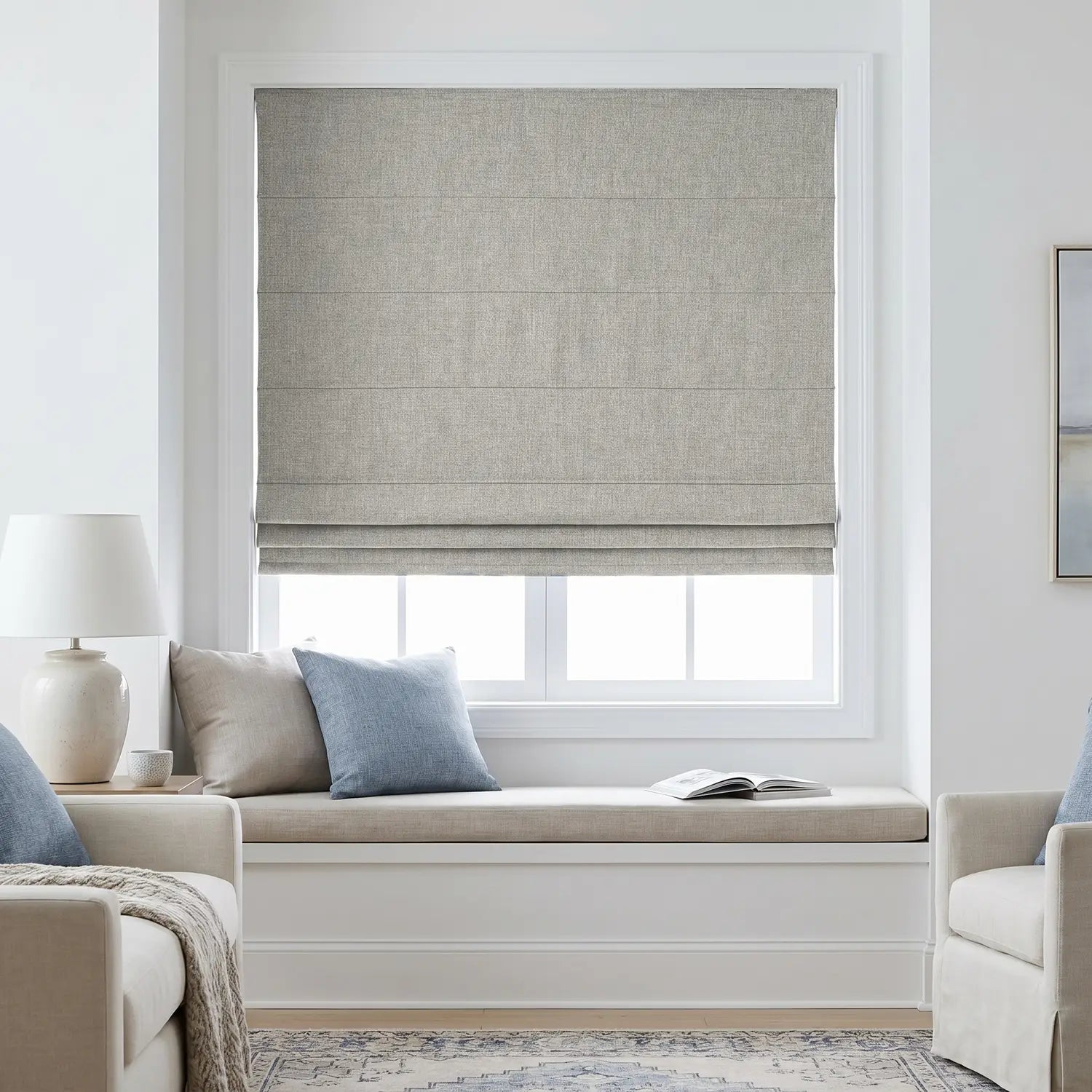 Custom Roman Shade - Greige in room