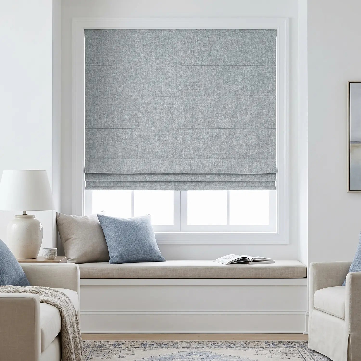 Custom Roman Shade - Silver Grey in room