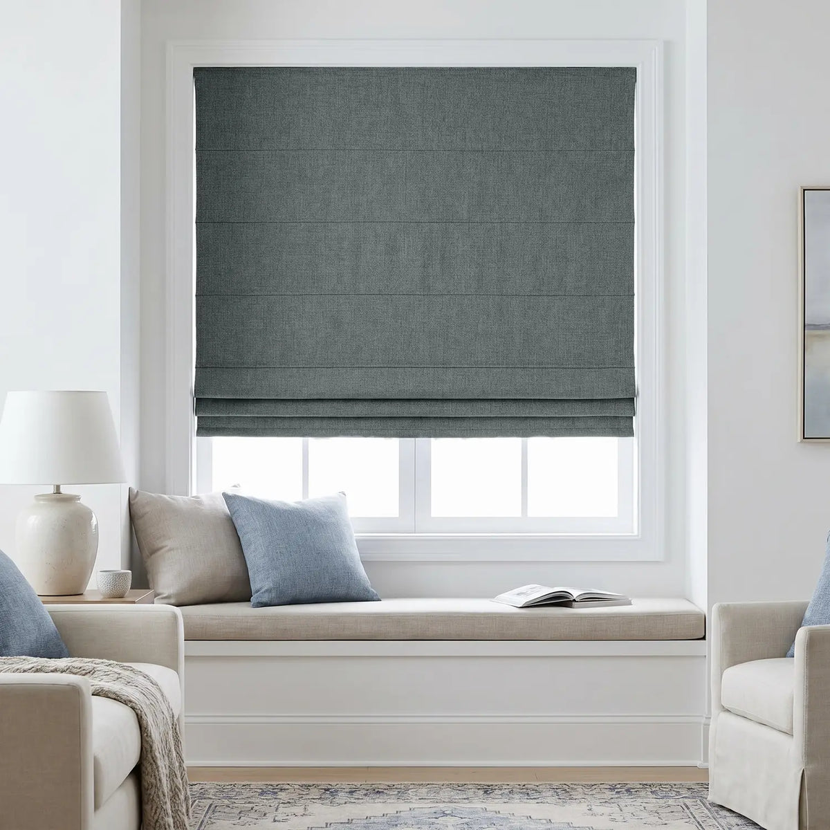 Custom Roman Shade - Stone Grey in room