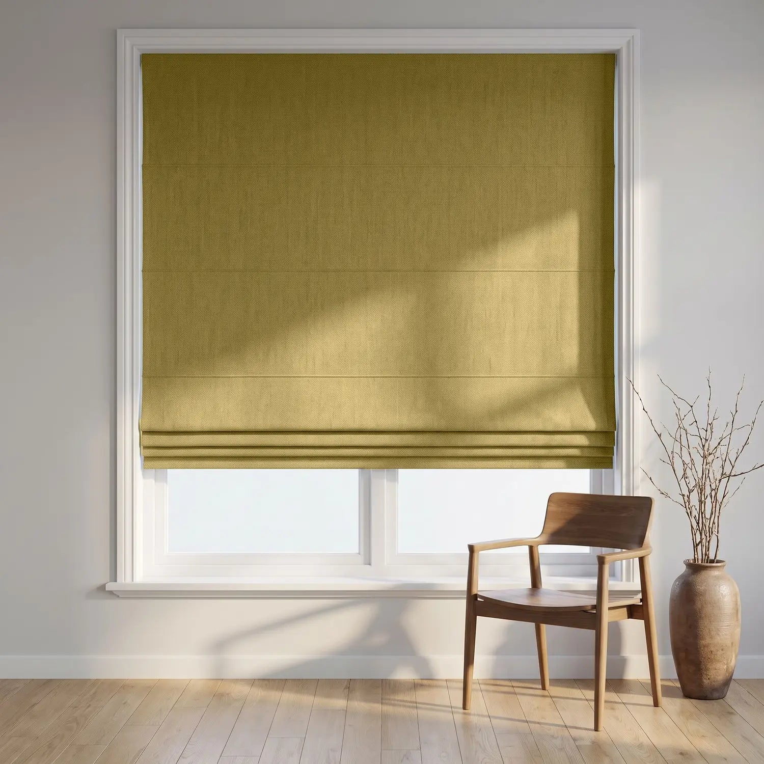 Custom Roman Shade - Caramel Brown in room