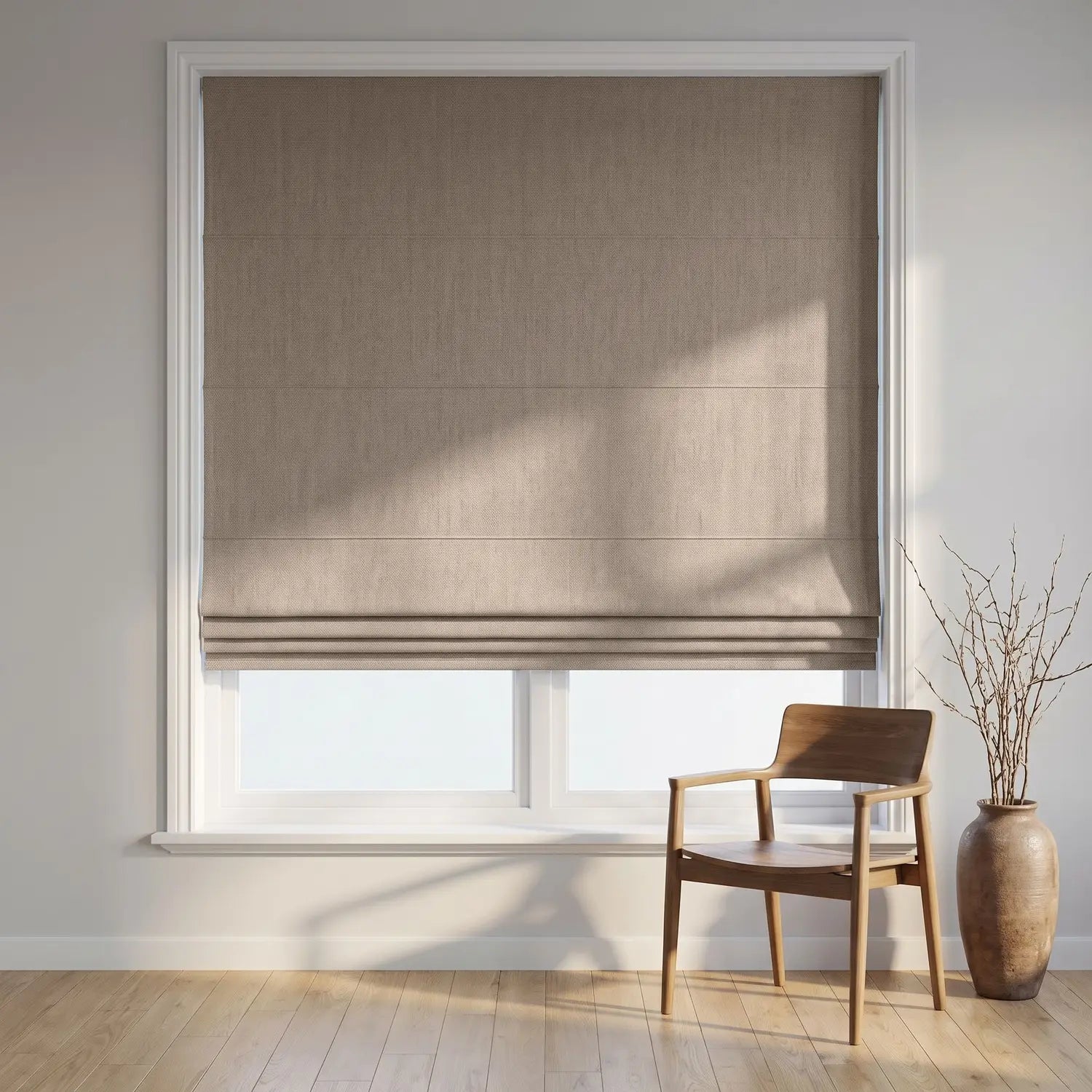 Custom Roman Shade - Latte Brown in room