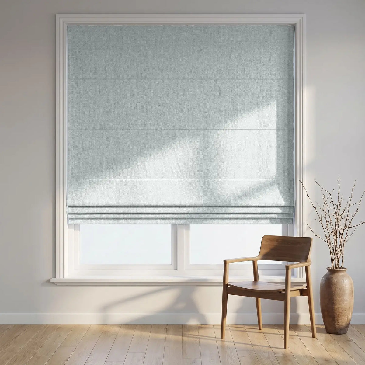 Custom Roman Shade - Pearl Grey in room