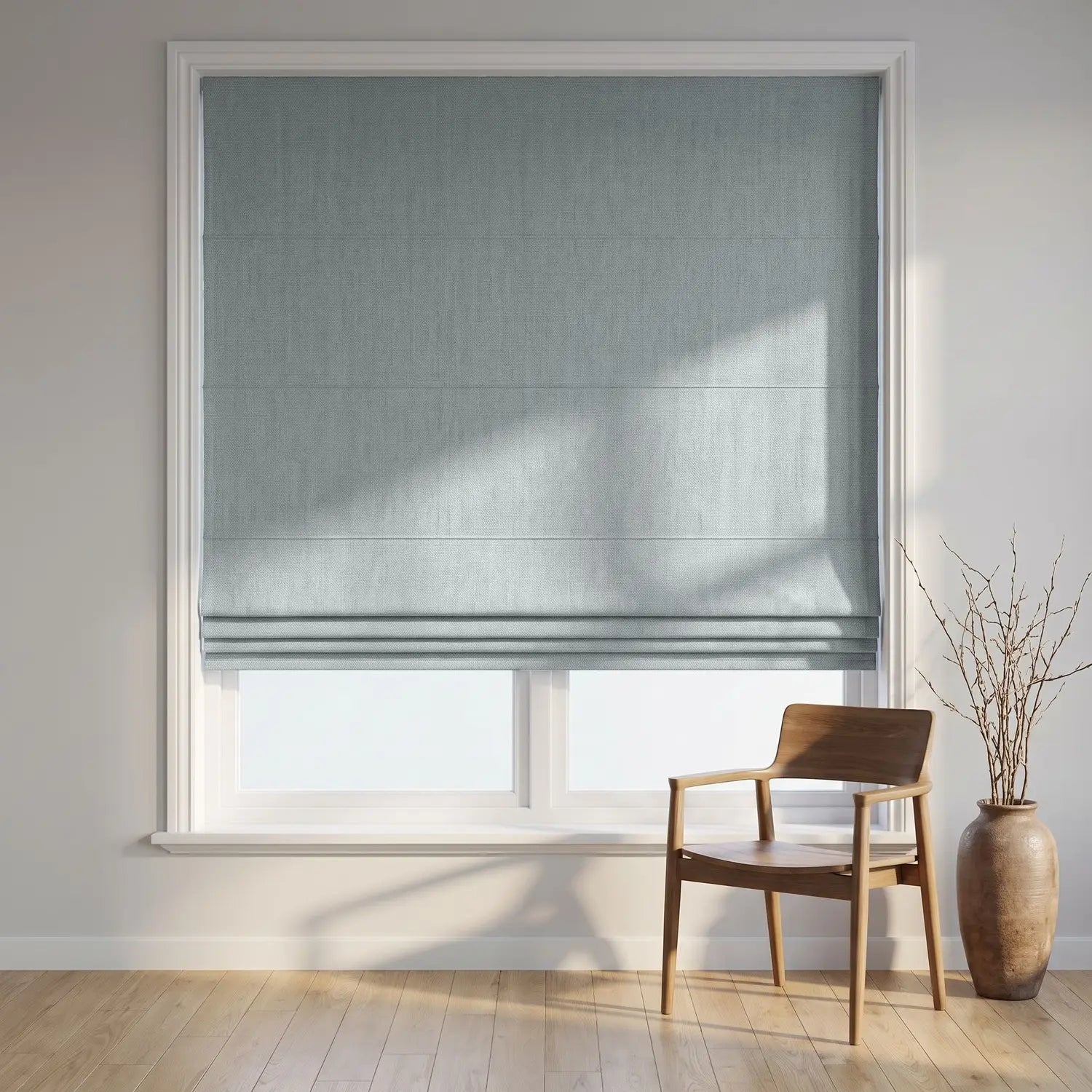 Custom Roman Shade - Mist Grey in room