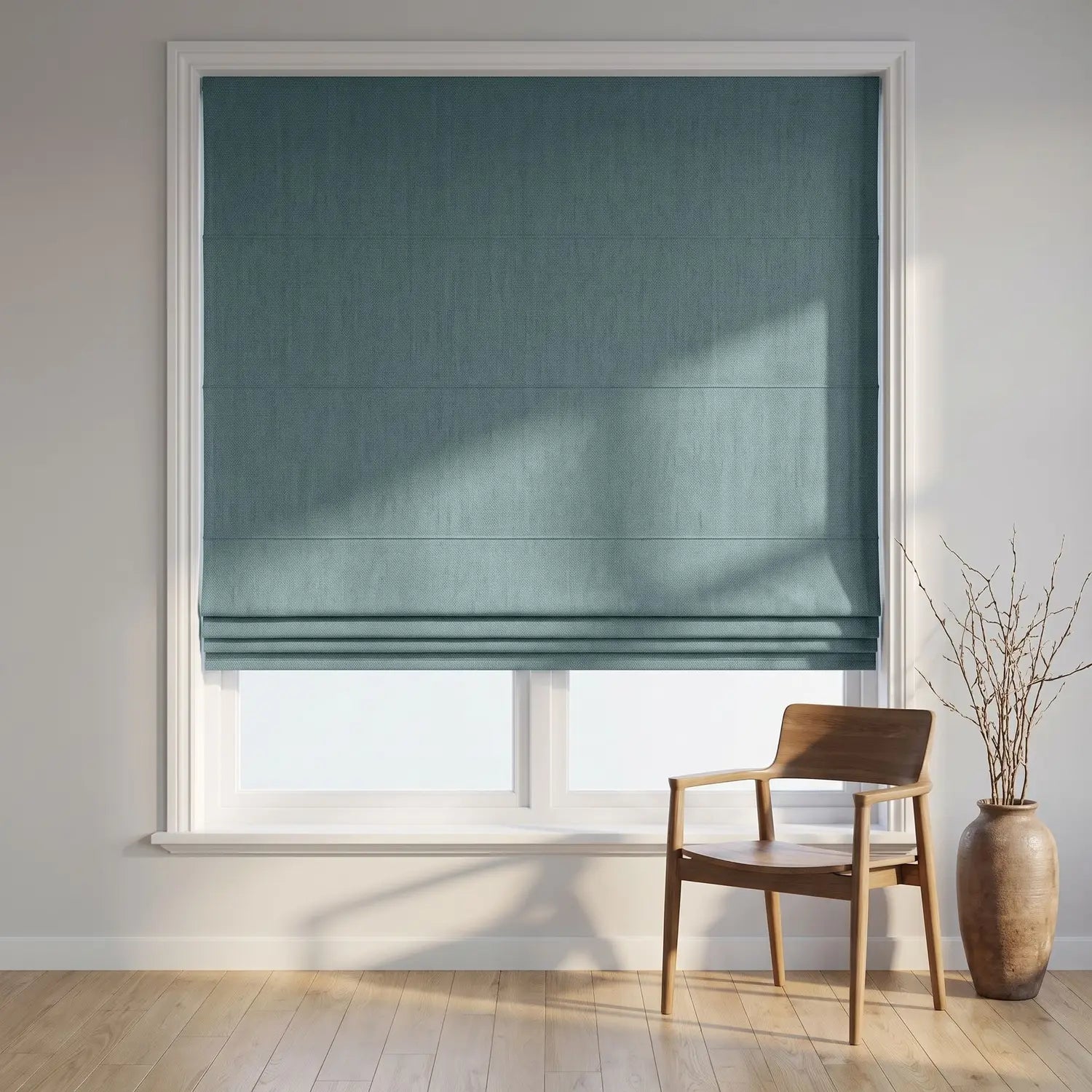Custom Roman Shade - Smoke Grey in room
