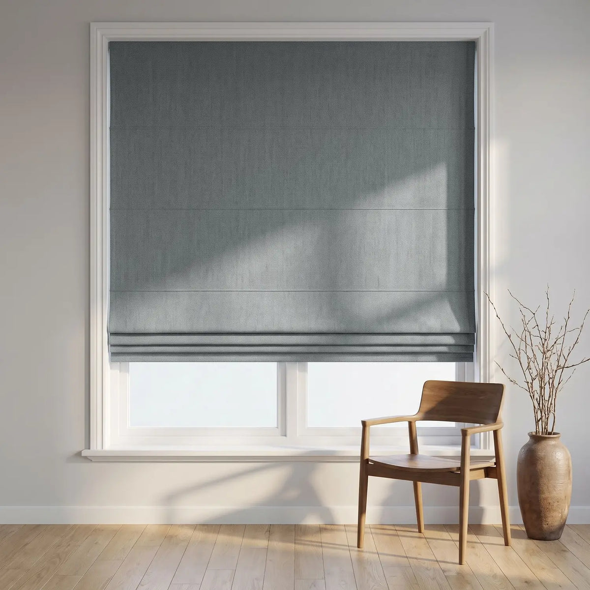 Custom Roman Shade - Pewter Grey in room