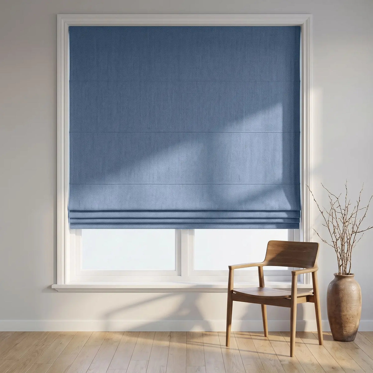 Custom Roman Shade - Sky Blue in room