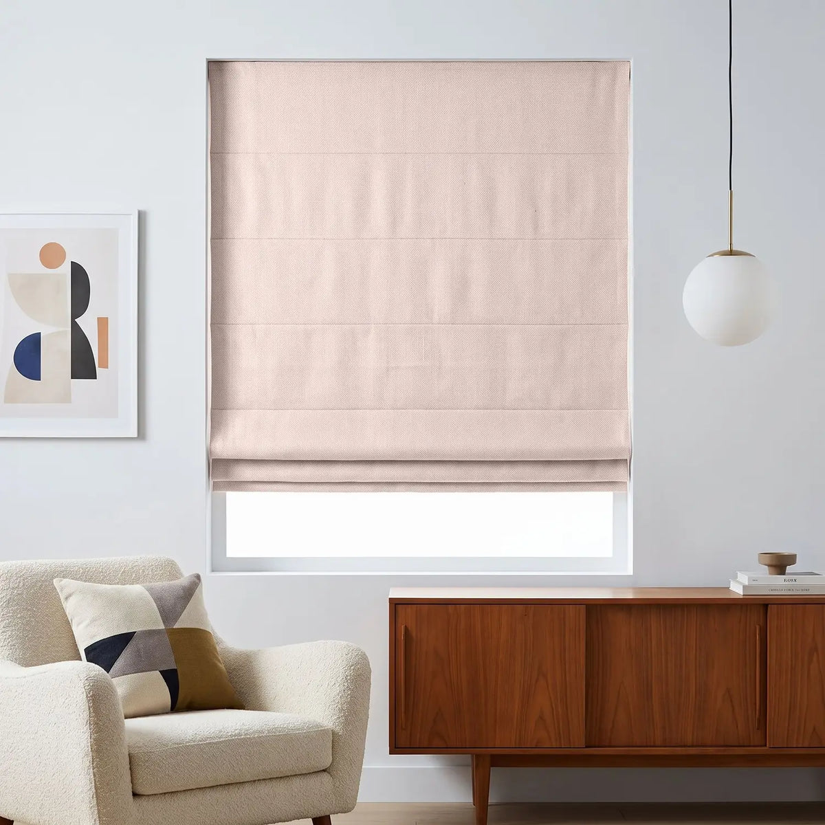 Custom Roman Shade - Blush Linen in room