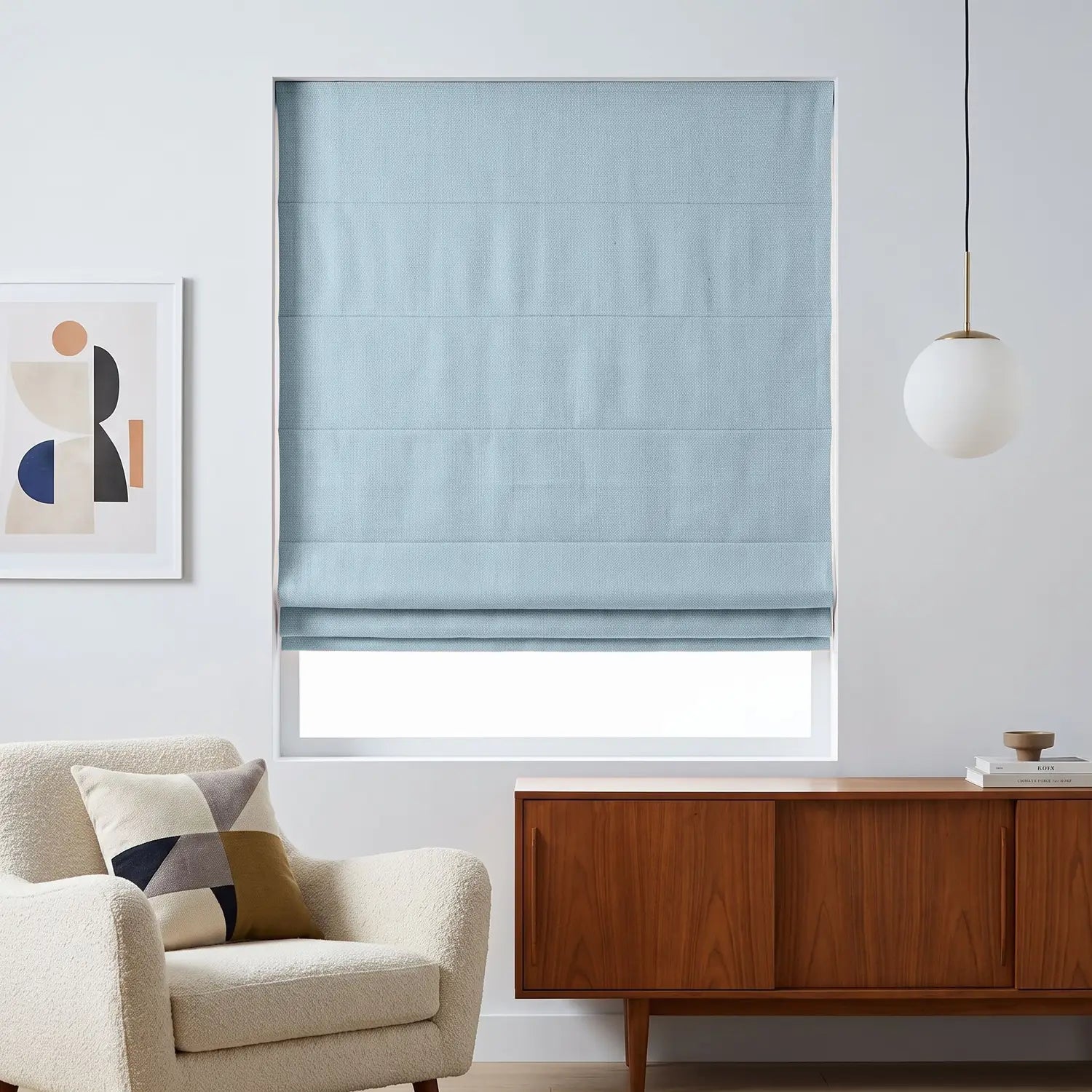 Custom Roman Shade - Powder Blue in room