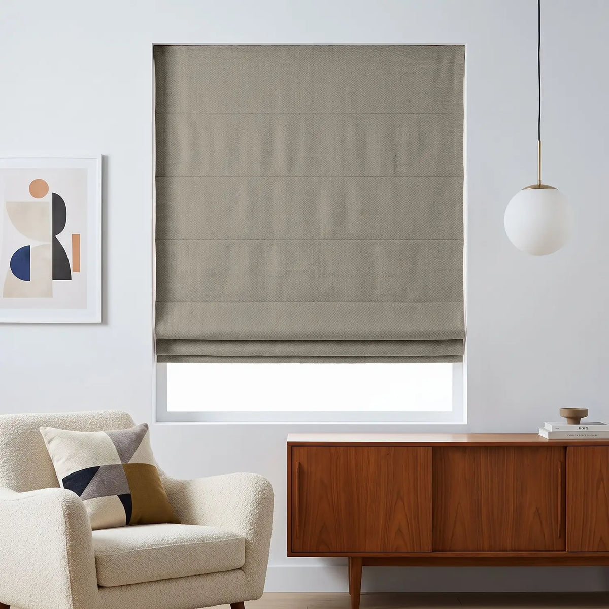 Custom Roman Shade - Driftwood Grey in room