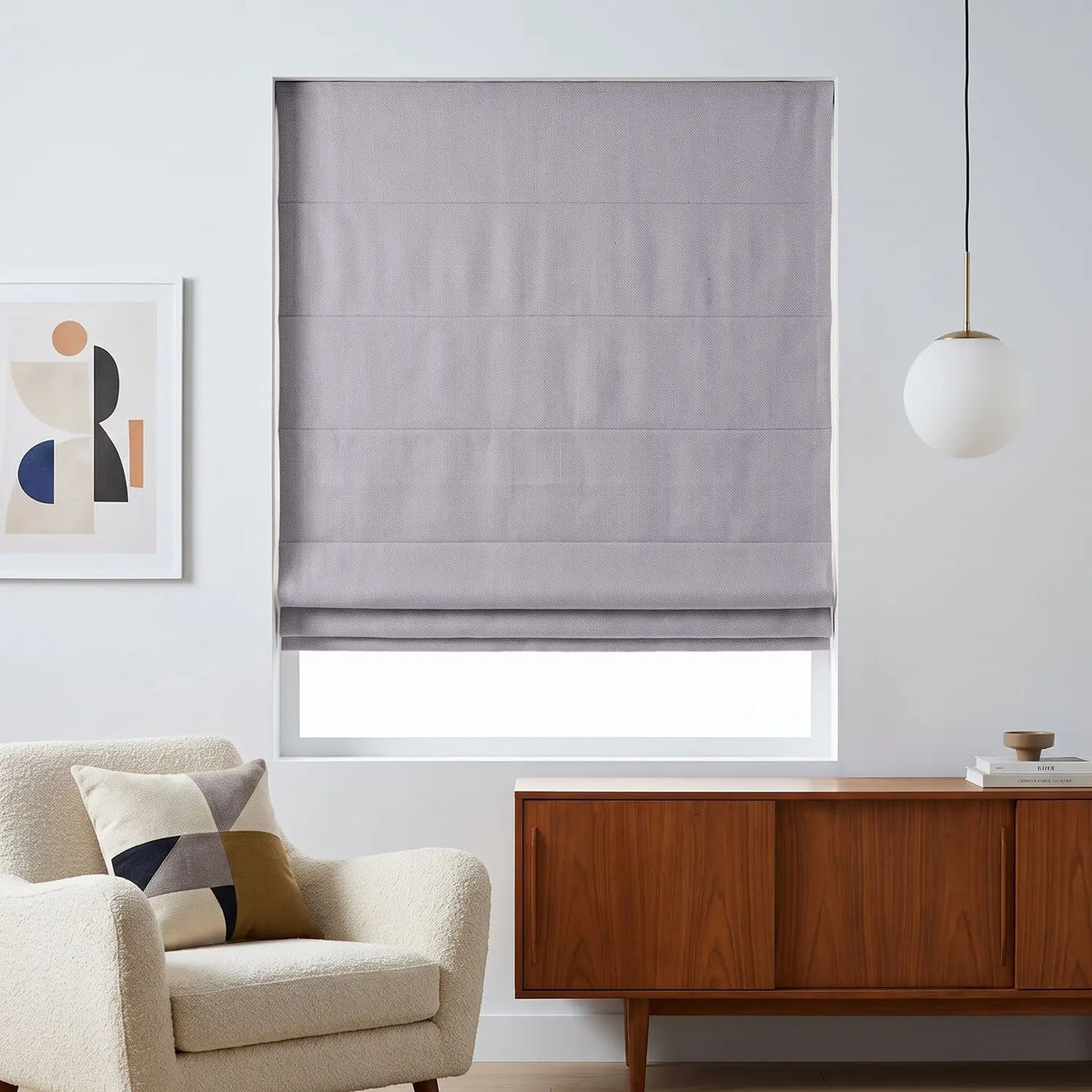 Custom Roman Shade - Lilac Grey in room