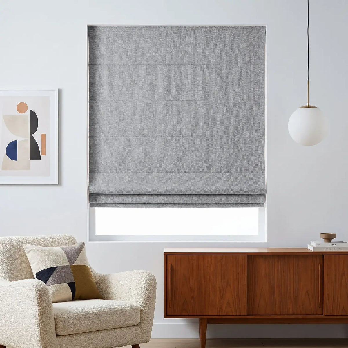 Custom Roman Shade - Slate Grey in room