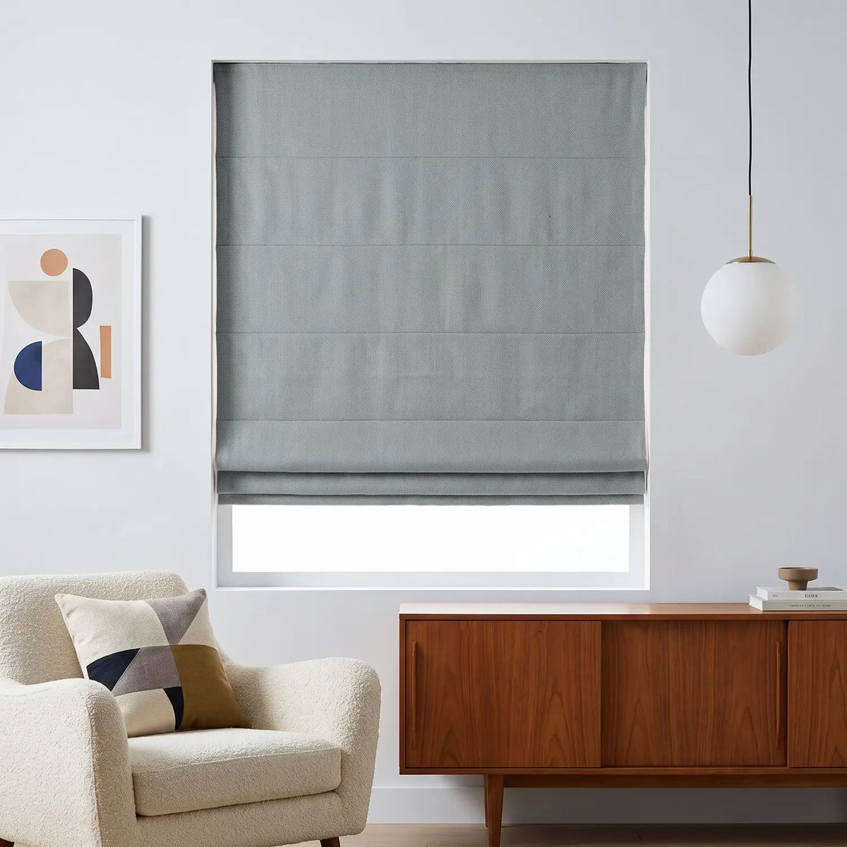 Custom Roman Shade - Mist Teal in room