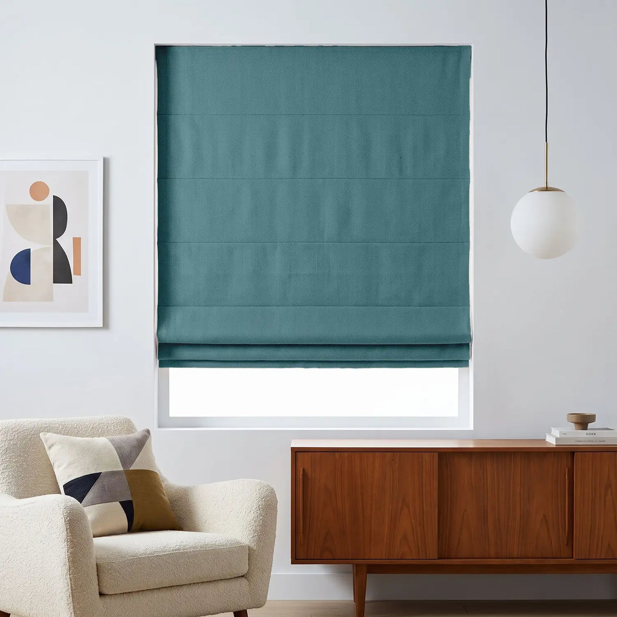 Custom Roman Shade - Deep Teal in room